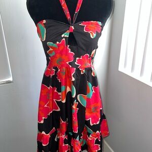 Floral Halter Dress - Black and Red